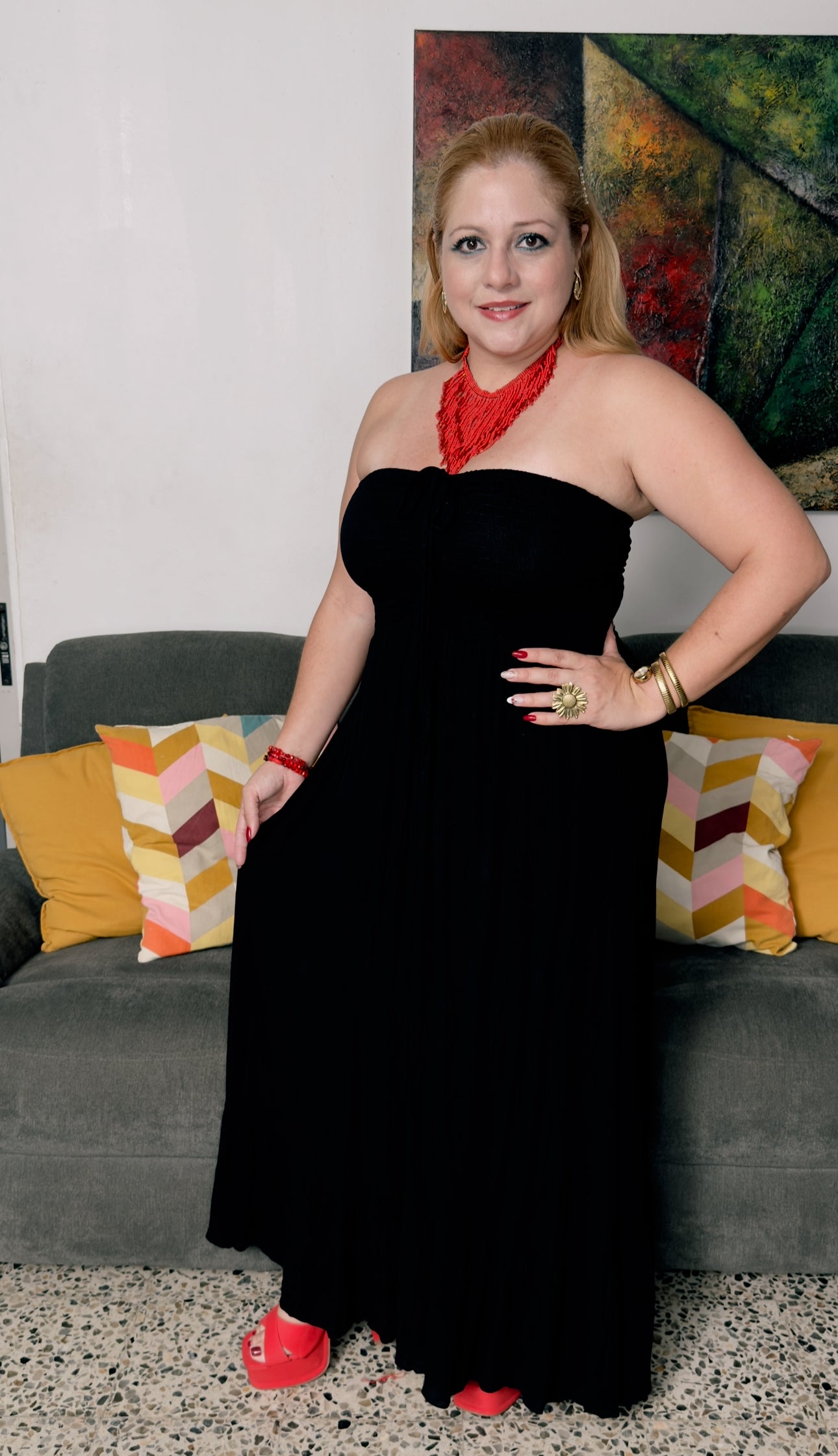 Traje boho en verde, marrón y negro
