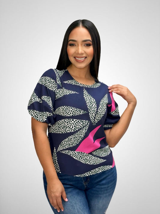 Blusa con manga print Navy y Fushia