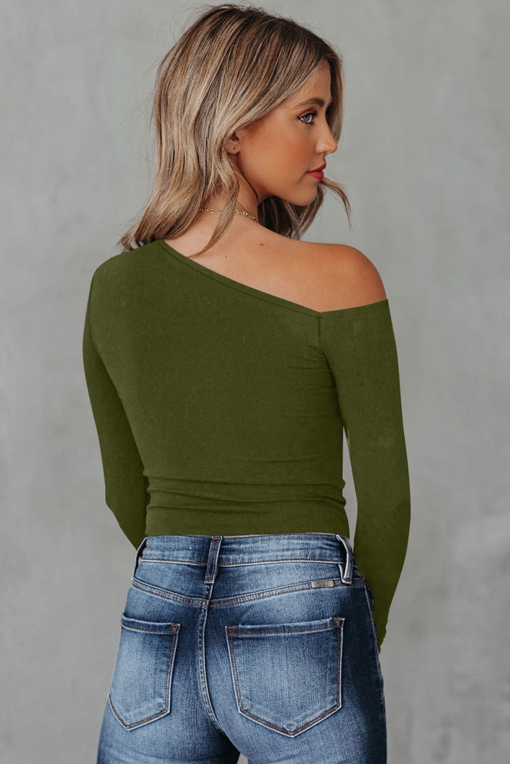 Blusa Green Asymmetrical Neckline Long Sleeve Knit Top