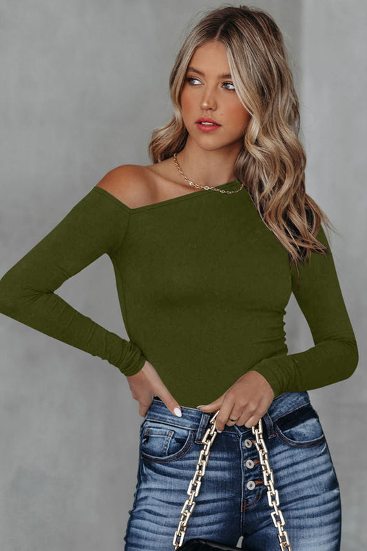 Blusa Green Asymmetrical Neckline Long Sleeve Knit Top