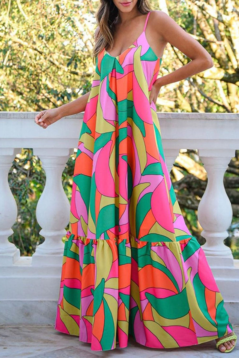 Traje Largo Multicolor Boho Geometric Print Sleeveless Maxi