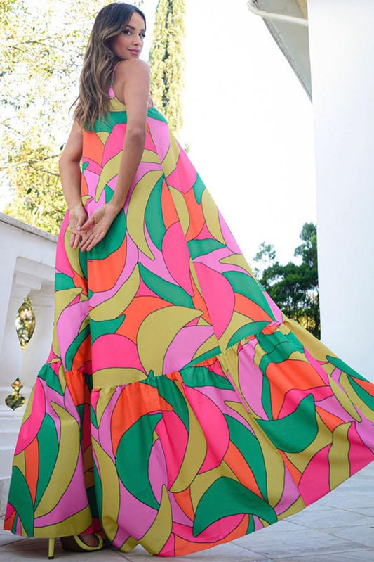 Traje Largo Multicolor Boho Geometric Print Sleeveless Maxi