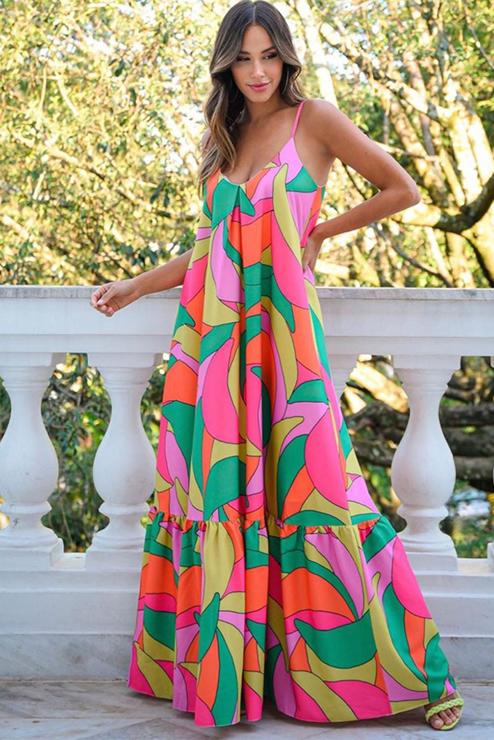 Traje Largo Multicolor Boho Geometric Print Sleeveless Maxi