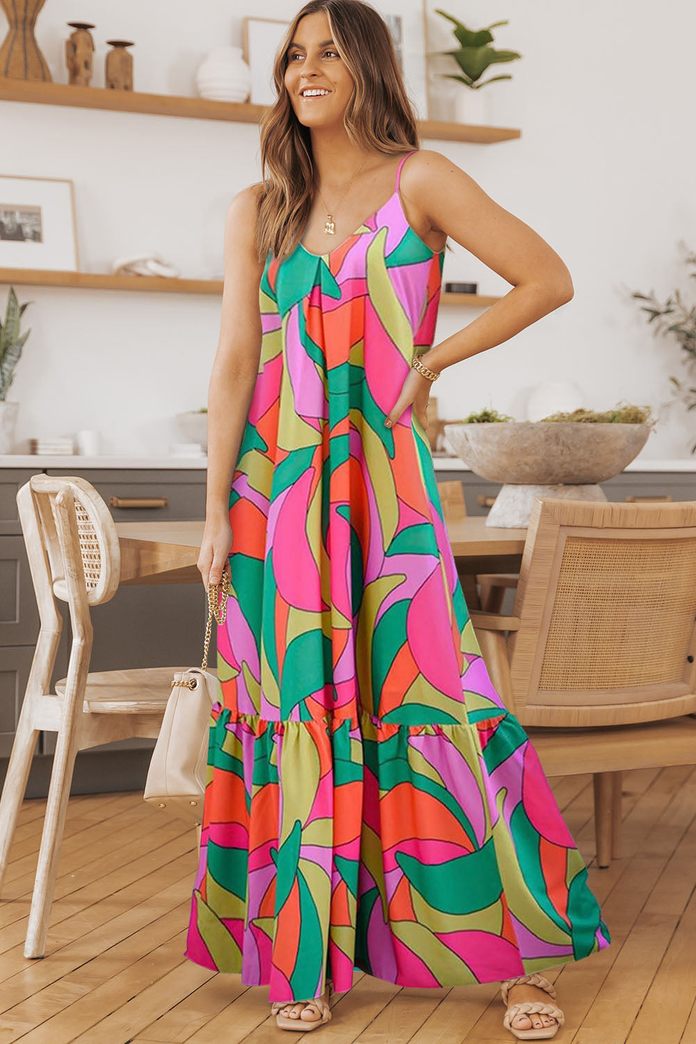 Traje Largo Multicolor Boho Geometric Print Sleeveless Maxi