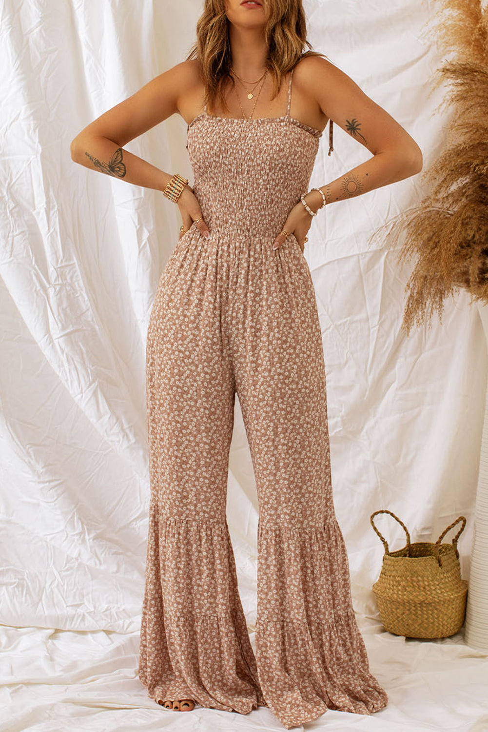 Jumpsuit Khaki Thin Straps Smocked Bodice Wide Leg Floral