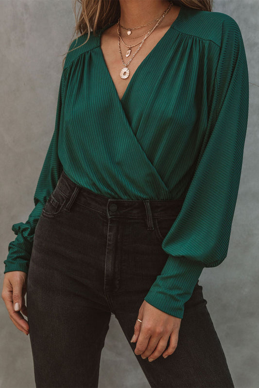 Blusa Green Ribbed Texture Drape Front V Neck Bodysuit