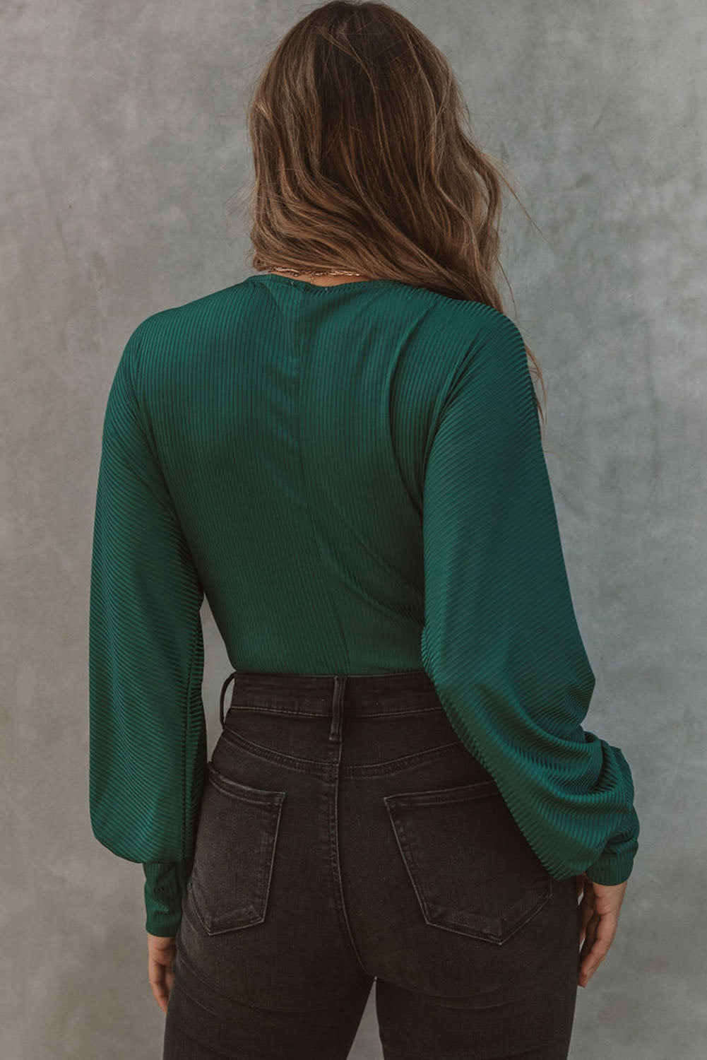 Blusa Green Ribbed Texture Drape Front V Neck Bodysuit