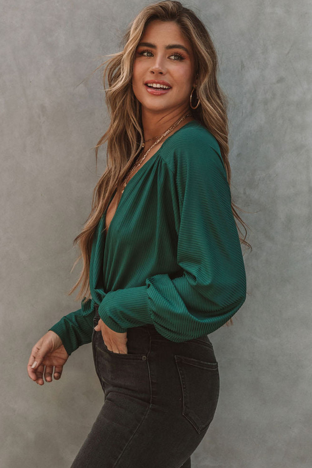 Blusa Green Ribbed Texture Drape Front V Neck Bodysuit