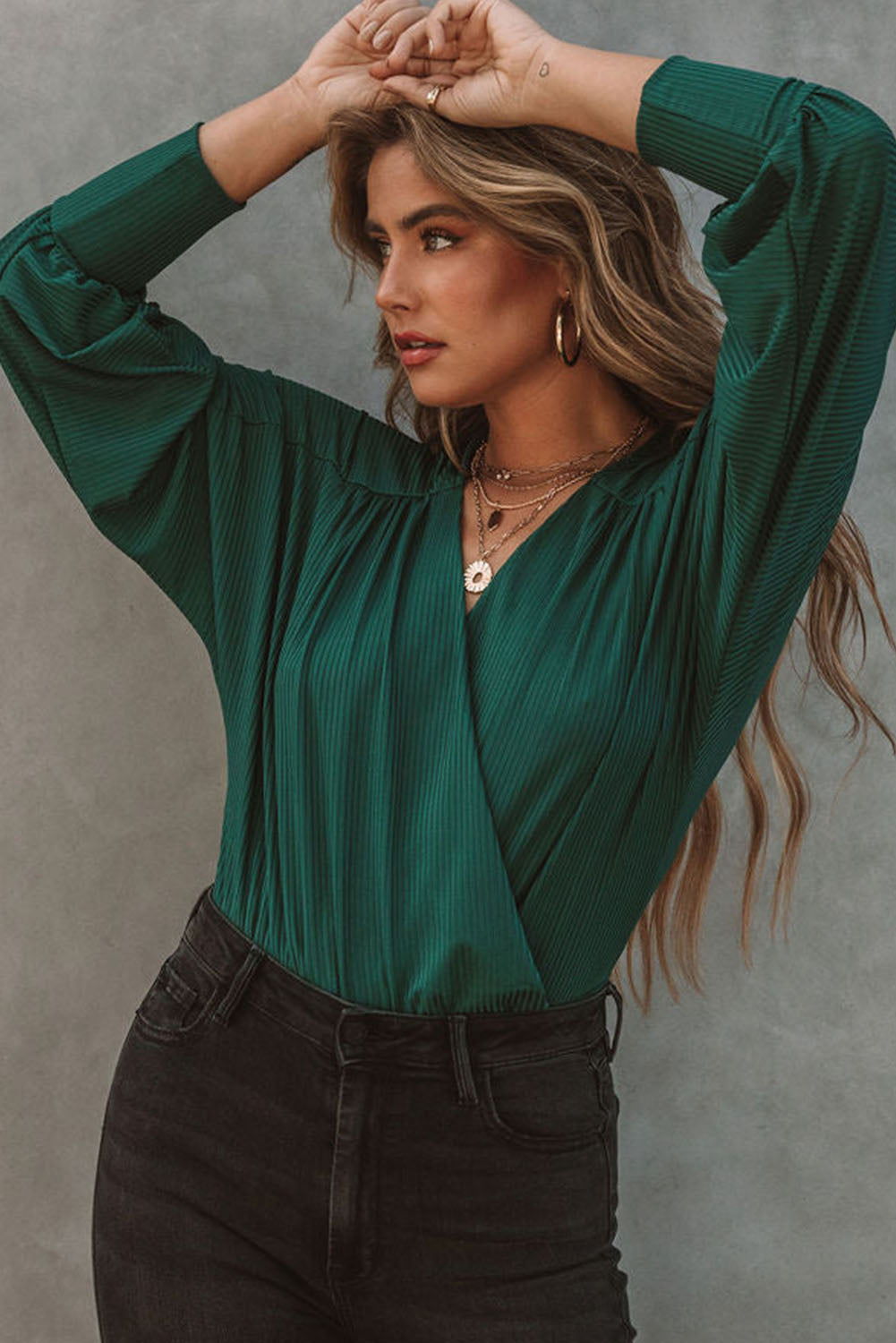 Blusa Green Ribbed Texture Drape Front V Neck Bodysuit