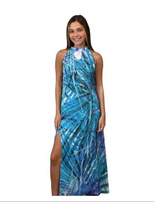 Traje Largo tropical Azul con apertura en la pierna